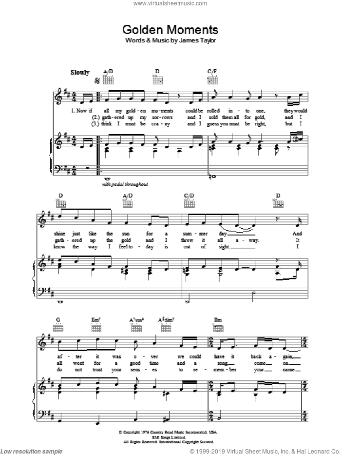 Golden Moments sheet music for voice, piano or guitar by James Taylor, intermediate skill level