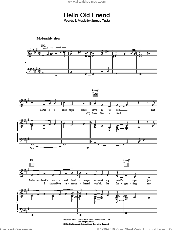 Hello Old Friend sheet music for voice, piano or guitar by James Taylor, intermediate skill level