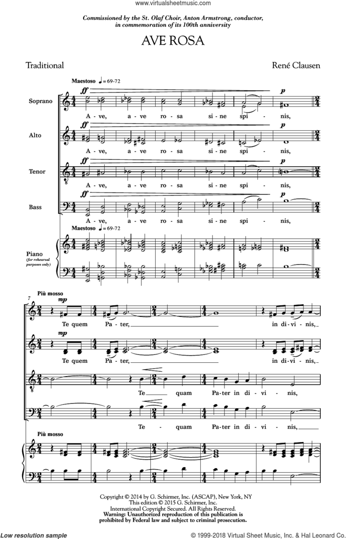 Ave Rosa sheet music for choir (SATB: soprano, alto, tenor, bass) by Rene Clausen and Rene Clausen, intermediate skill level