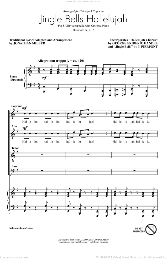 Jingle Bell Hallelujah sheet music for choir (SATB: soprano, alto, tenor, bass) by George Frideric Handel, James Pierpont and Jonathan Miller, classical score, intermediate skill level