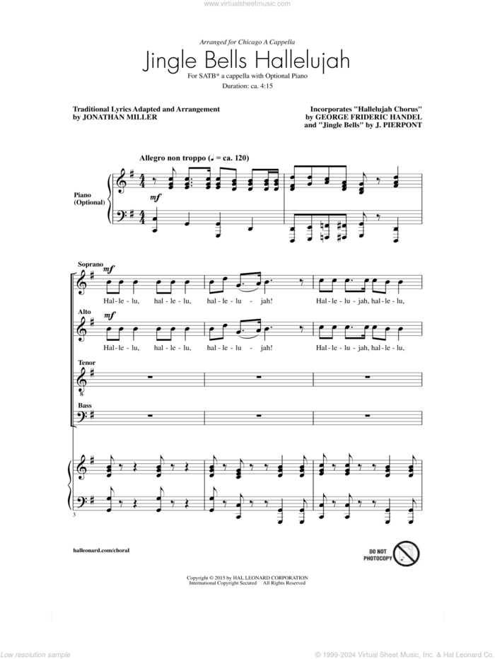 Jingle Bell Hallelujah sheet music for choir (SATB: soprano, alto, tenor, bass) by George Frideric Handel, James Pierpont and Jonathan Miller, classical score, intermediate skill level