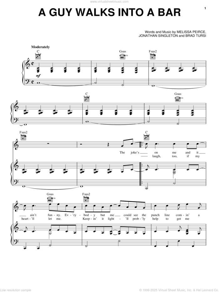 Guy Walks Into A Bar sheet music for voice, piano or guitar by Tyler Farr, Brad Tursi, Jonathan Singleton and Melissa Peirce, intermediate skill level