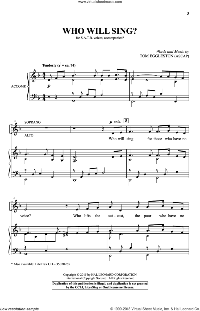 Who Will Sing? sheet music for choir (SATB: soprano, alto, tenor, bass) by Tom Eggleston, intermediate skill level