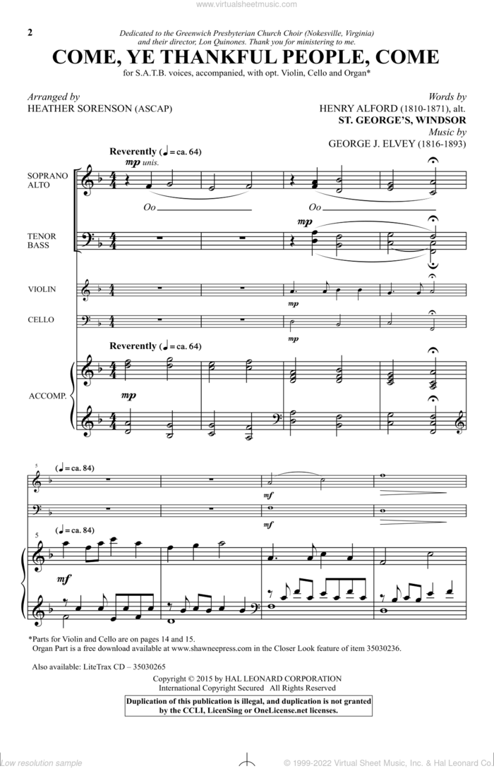 Come, Ye Thankful People, Come sheet music for choir (SATB: soprano, alto, tenor, bass) by Heather Sorenson, George Job Elvey and Henry Alford, intermediate skill level