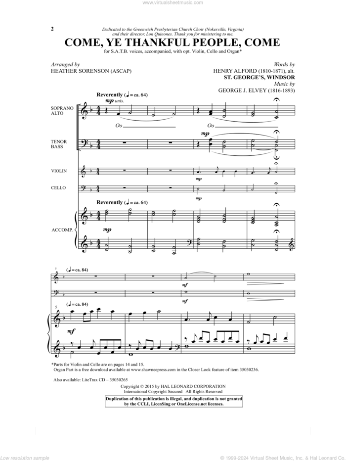 Come, Ye Thankful People, Come sheet music for choir (SATB: soprano, alto, tenor, bass) by Heather Sorenson, George Job Elvey and Henry Alford, intermediate skill level