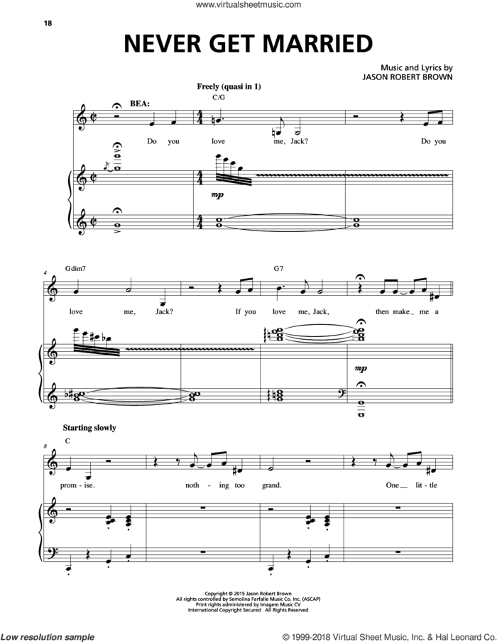 Never Get Married (from Honeymoon in Vegas) sheet music for voice and piano by Jason Robert Brown, intermediate skill level