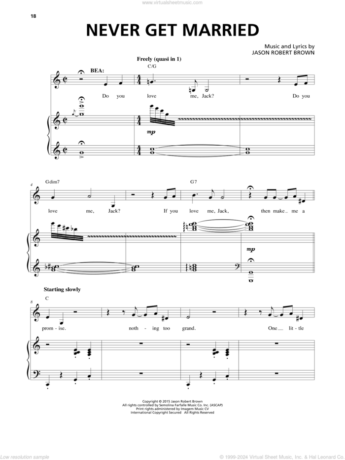 Never Get Married (from Honeymoon in Vegas) sheet music for voice and piano by Jason Robert Brown, intermediate skill level