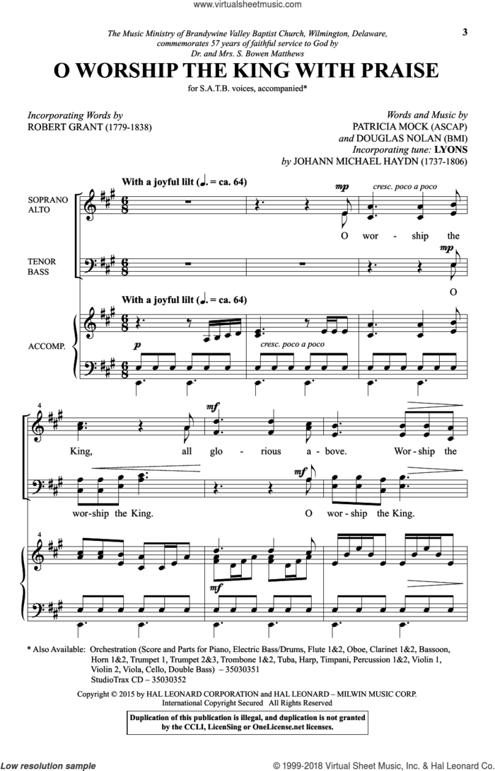 O Worship The King With Praise sheet music for choir (SATB: soprano, alto, tenor, bass) by Douglas Nolan and Patricia Mock, intermediate skill level