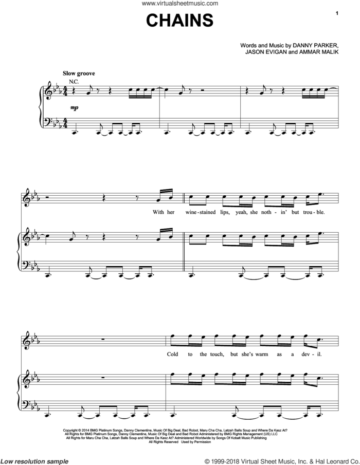 Chains sheet music for voice, piano or guitar by Nick Jonas, Ammar Malik, Danny Parker and Jason Evigan, intermediate skill level