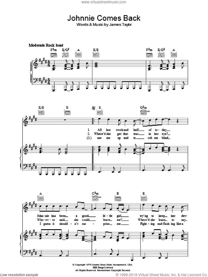Johnnie Comes Back sheet music for voice, piano or guitar by James Taylor, intermediate skill level