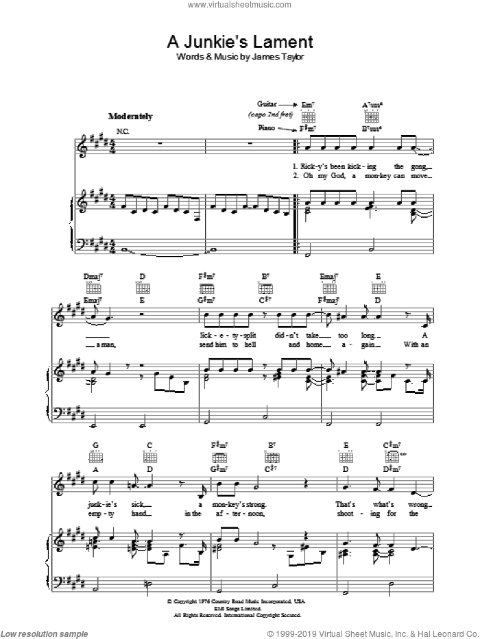 A Junkie's Lament sheet music for voice, piano or guitar by James Taylor, intermediate skill level