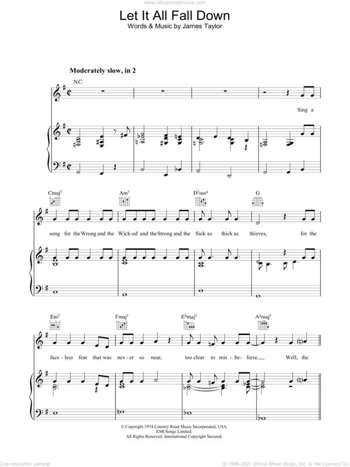 Let It All Fall Down sheet music for voice, piano or guitar by James Taylor, intermediate skill level