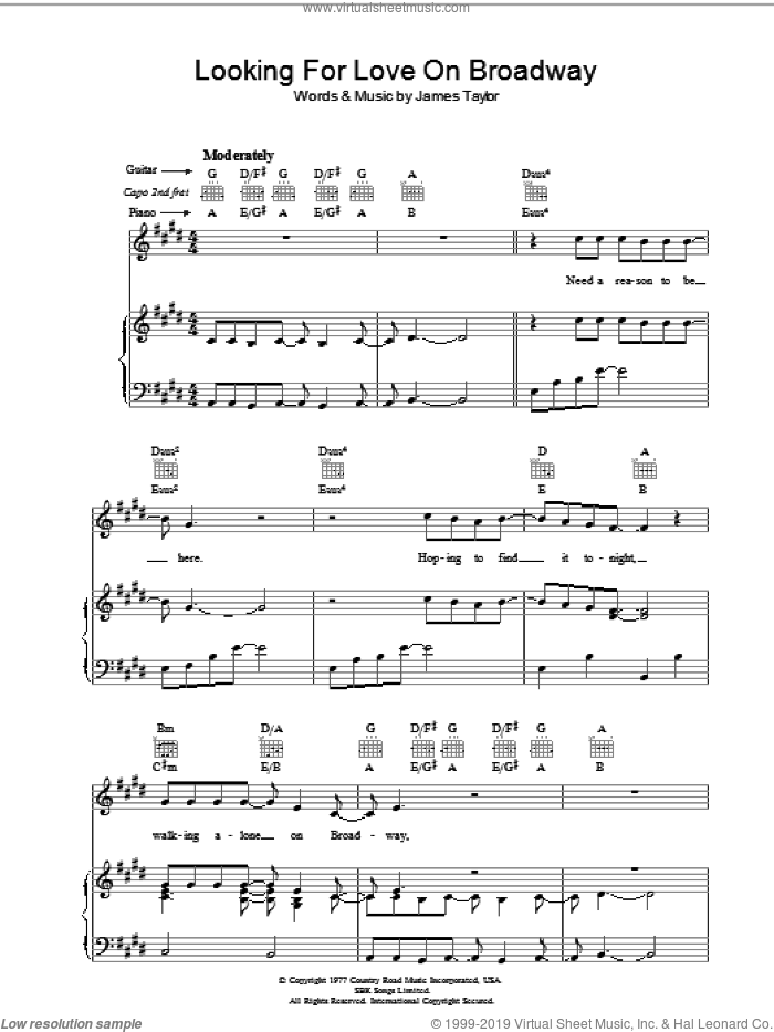 Looking For Love On Broadway sheet music for voice, piano or guitar by James Taylor, intermediate skill level