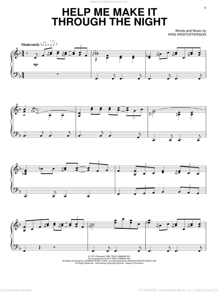 Help Me Make It Through The Night, (intermediate) sheet music for piano solo by Kris Kristofferson, Elvis Presley, Sammi Smith and Willie Nelson, intermediate skill level