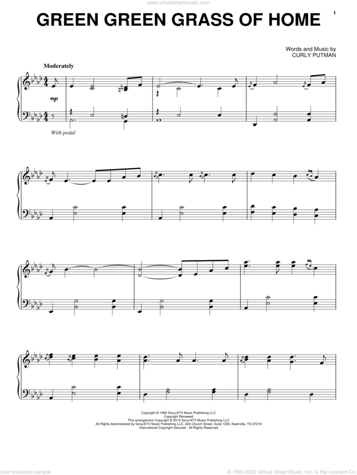 Green Green Grass Of Home, (intermediate) sheet music for piano solo by Porter Wagoner, Curly Putman, Elvis Presley and Tom Jones, intermediate skill level