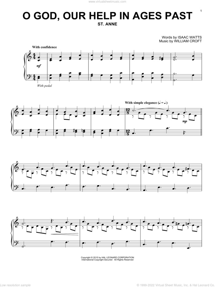 O God, Our Help In Ages Past sheet music for piano solo by Isaac Watts and William Croft, intermediate skill level