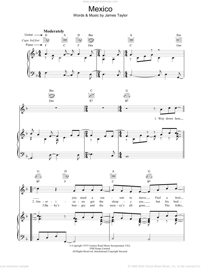 Mexico sheet music for voice, piano or guitar by James Taylor, intermediate skill level