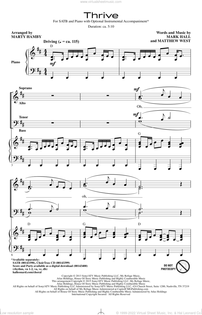 Thrive sheet music for choir (SATB: soprano, alto, tenor, bass) by Casting Crowns, Mark Hall, Marty Hamby and Matthew West, intermediate skill level
