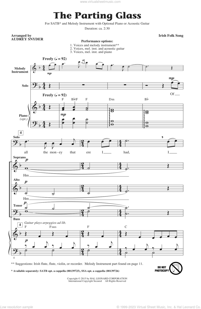 The Parting Glass sheet music for choir (SATB: soprano, alto, tenor, bass) by Audrey Snyder, intermediate skill level