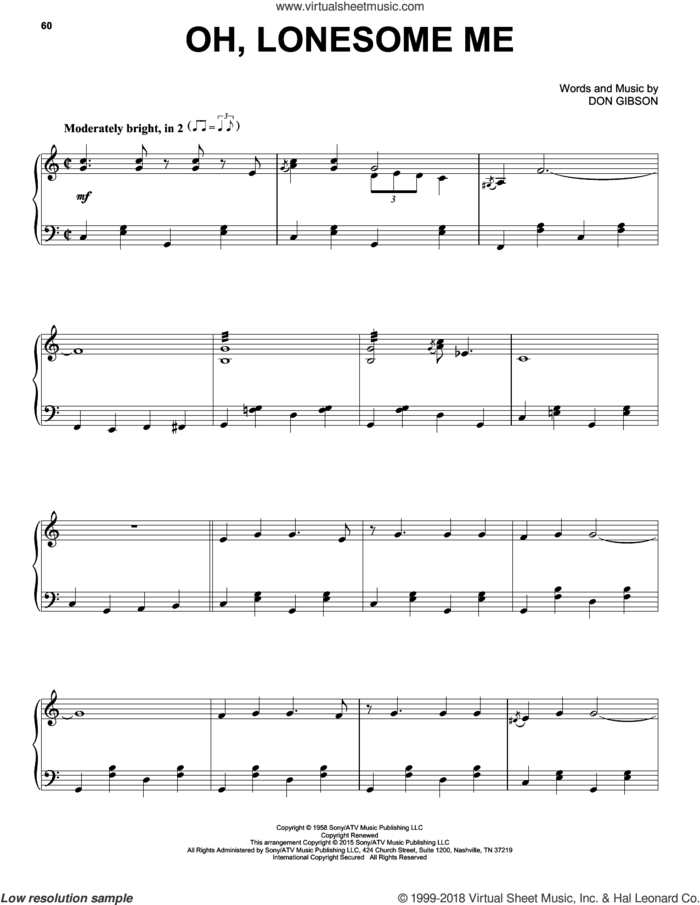 Oh, Lonesome Me sheet music for piano solo by Don Gibson and Neil Young, intermediate skill level