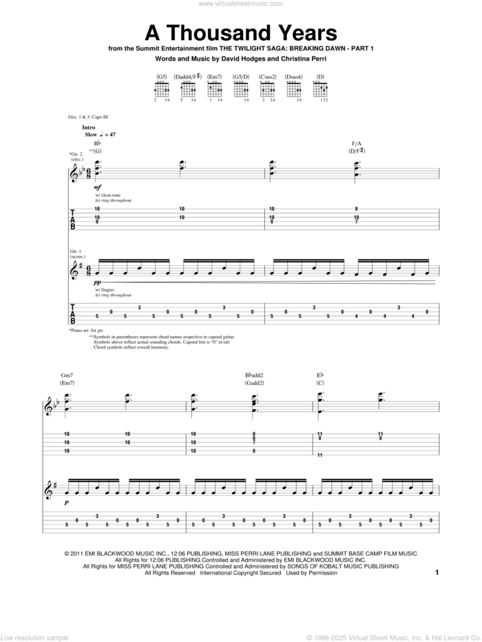 A Thousand Years sheet music for guitar (tablature) by Christina Perri and David Hodges, wedding score, intermediate skill level