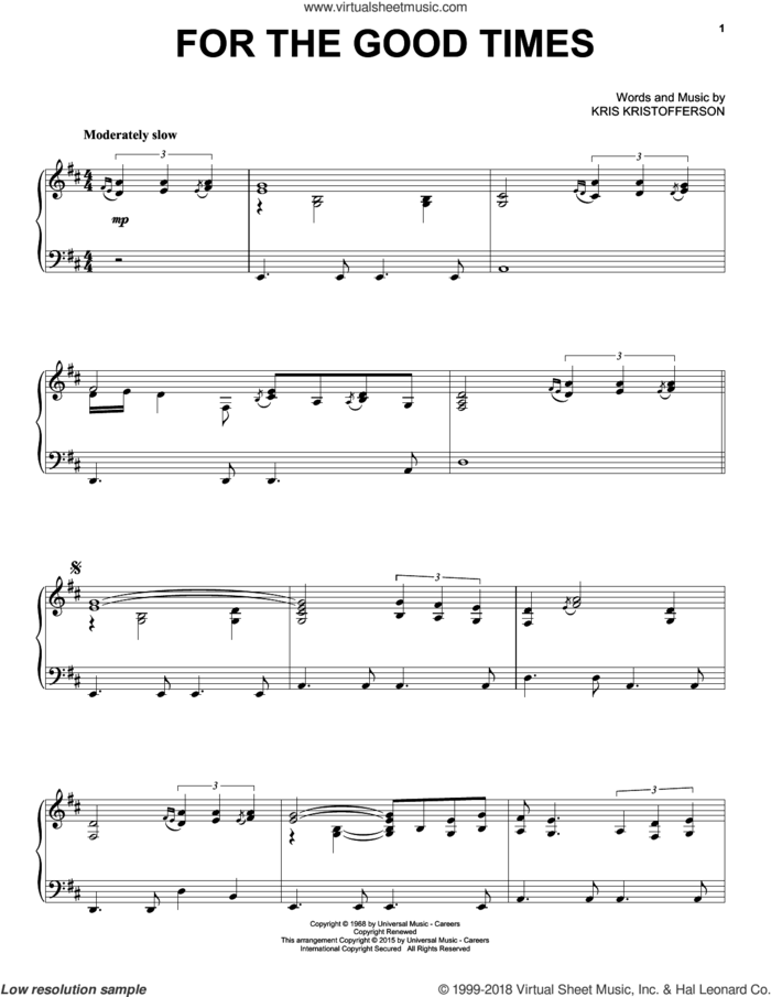 For The Good Times sheet music for piano solo by Kris Kristofferson, Elvis Presley and Ray Price, intermediate skill level