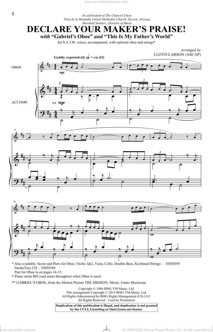 Declare Your Maker's Praise! (with 'Gabriel's Oboe' and 'This Is My Father's World') sheet music for choir by Ennio Morricone, Lloyd Larson and Maltbie D. Babcock, intermediate skill level