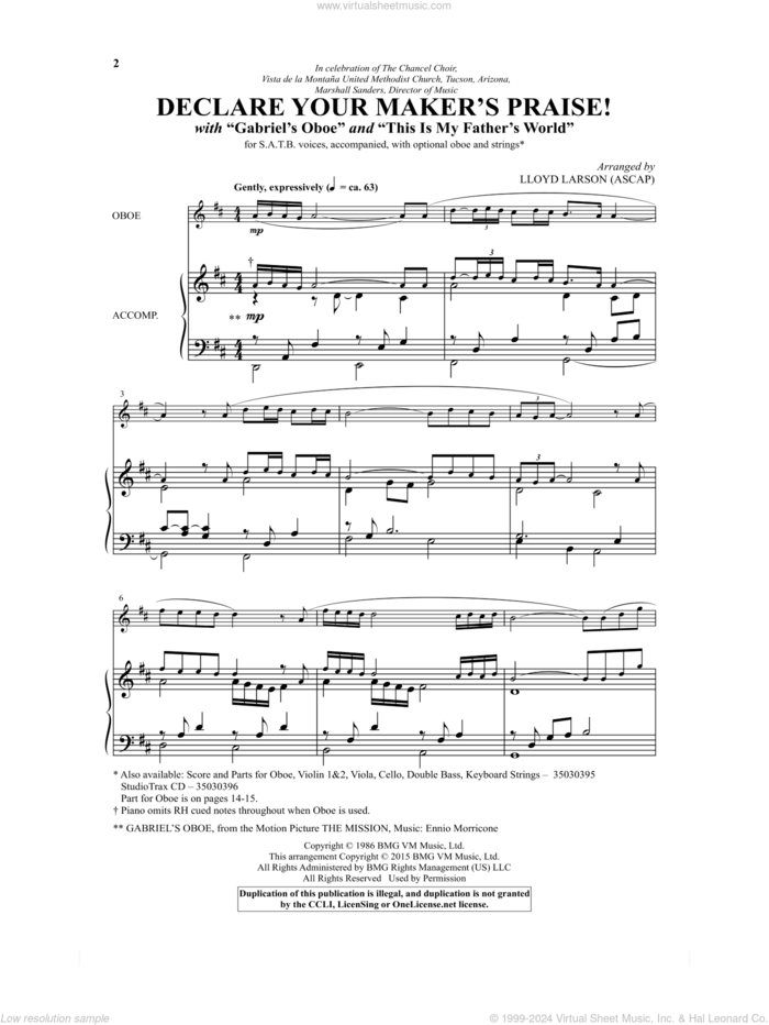 Declare Your Maker's Praise! (with 'Gabriel's Oboe' and 'This Is My Father's World') sheet music for choir by Ennio Morricone, Lloyd Larson and Maltbie D. Babcock, intermediate skill level