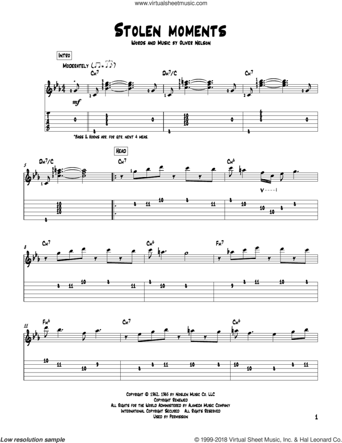 Stolen Moments sheet music for guitar solo by Oliver Nelson, intermediate skill level