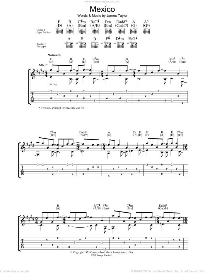 Mexico sheet music for guitar (tablature) by James Taylor, intermediate skill level
