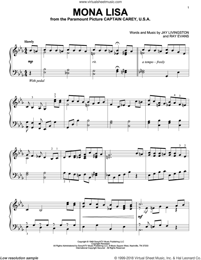 Mona Lisa, (intermediate) sheet music for piano solo by Nat King Cole, Jay Livingston and Ray Evans, intermediate skill level