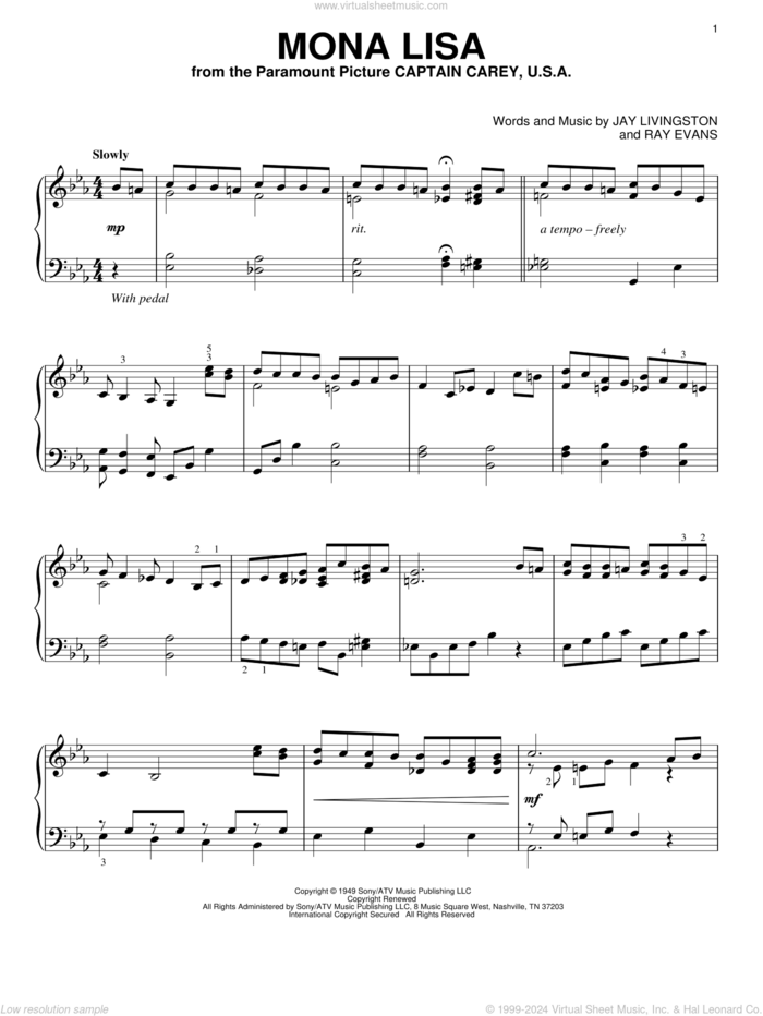 Mona Lisa, (intermediate) sheet music for piano solo by Nat King Cole, Jay Livingston and Ray Evans, intermediate skill level