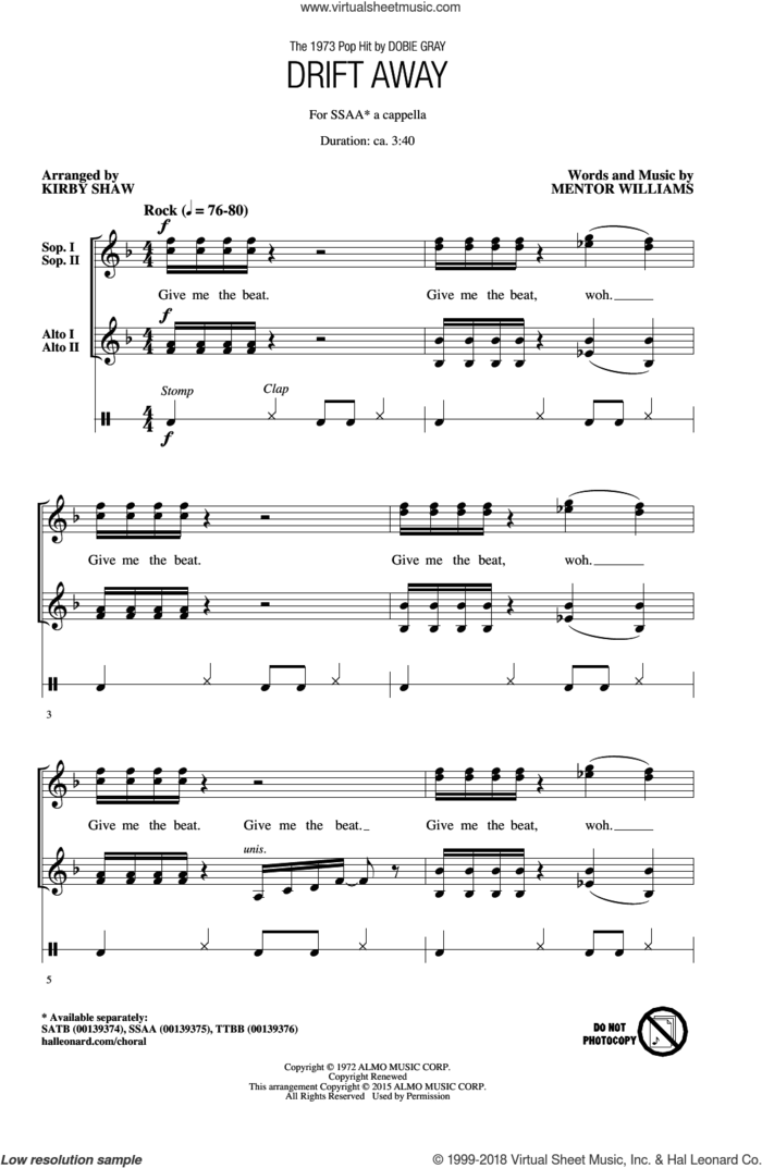Drift Away sheet music for choir (SSA: soprano, alto) by Kirby Shaw, Dobie Gray, Mentor Williams and Uncle Kracker featuring Dobie Gray, intermediate skill level