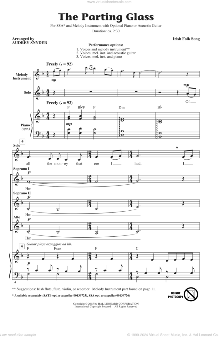 The Parting Glass sheet music for choir (SSA: soprano, alto) by Audrey Snyder, intermediate skill level