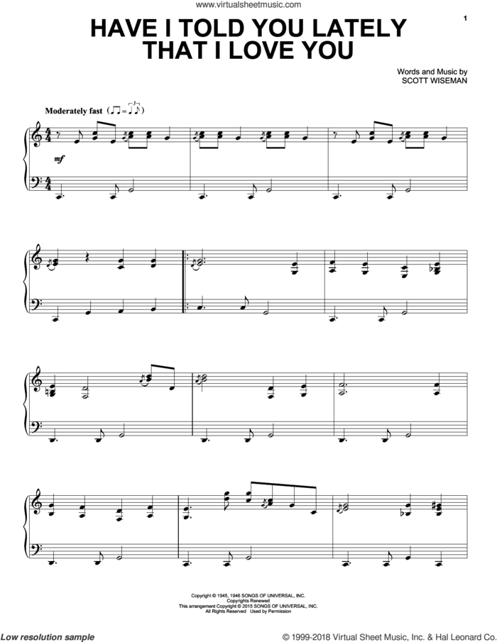Have I Told You Lately That I Love You sheet music for piano solo by Scott Wiseman, Gene Autrey, Kitty Wells & Red Foley and Ricky Nelson, intermediate skill level