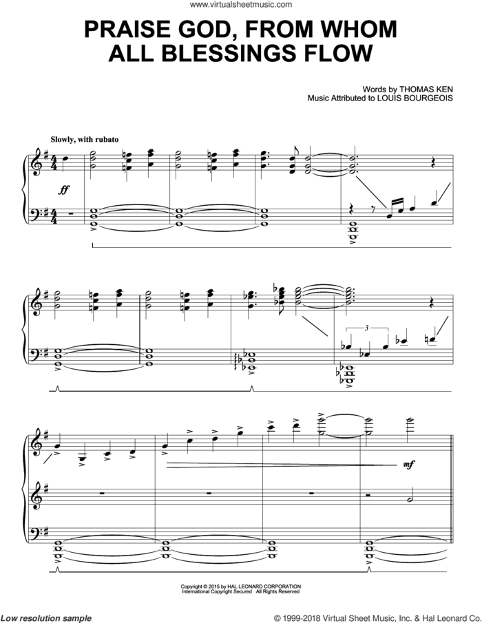 Praise God, From Whom All Blessings Flow sheet music for piano solo by Thomas Ken and Louis Bourgeois, intermediate skill level