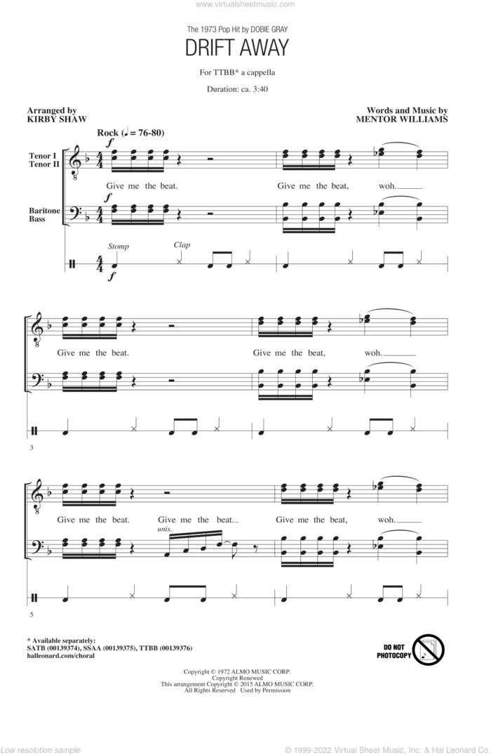 Drift Away sheet music for choir (TTBB: tenor, bass) by Kirby Shaw, Dobie Gray, Mentor Williams and Uncle Kracker featuring Dobie Gray, intermediate skill level