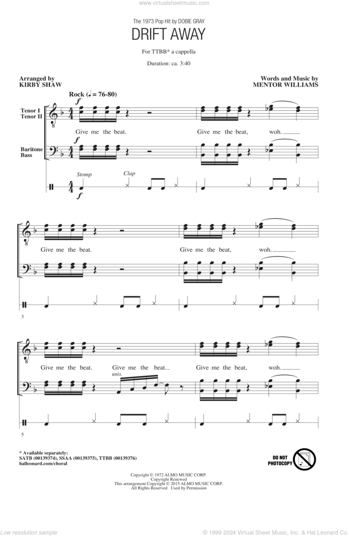 Drift Away sheet music for choir (TTBB: tenor, bass) by Kirby Shaw, Dobie Gray, Mentor Williams and Uncle Kracker featuring Dobie Gray, intermediate skill level