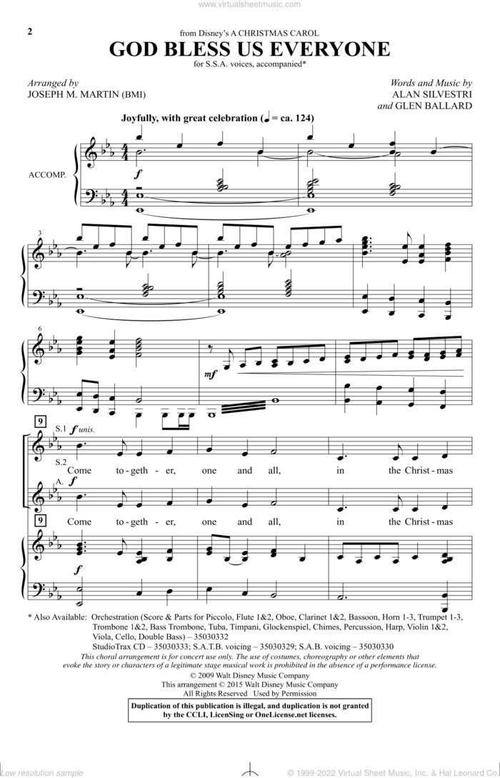God Bless Us Everyone (from Disney's A Christmas Carol) (arr. Joseph M. Martin) sheet music for choir (SSA: soprano, alto) by Joseph M. Martin, Alan Silvestri, Andrea Bocelli and Glen Ballard, intermediate skill level