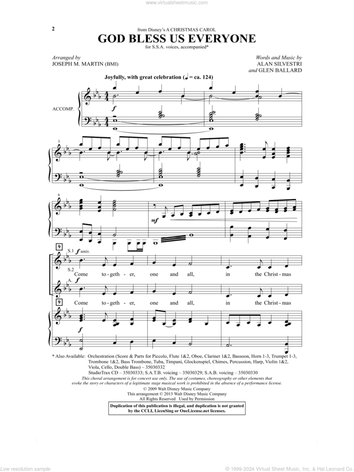 God Bless Us Everyone (from Disney's A Christmas Carol) (arr. Joseph M. Martin) sheet music for choir (SSA: soprano, alto) by Joseph M. Martin, Alan Silvestri, Andrea Bocelli and Glen Ballard, intermediate skill level