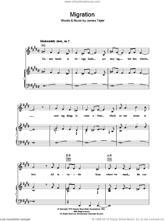 Migration sheet music for voice, piano or guitar by James Taylor, intermediate skill level