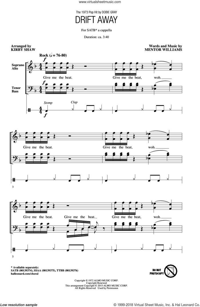 Drift Away sheet music for choir (SATB: soprano, alto, tenor, bass) by Kirby Shaw, Dobie Gray, Mentor Williams and Uncle Kracker featuring Dobie Gray, intermediate skill level