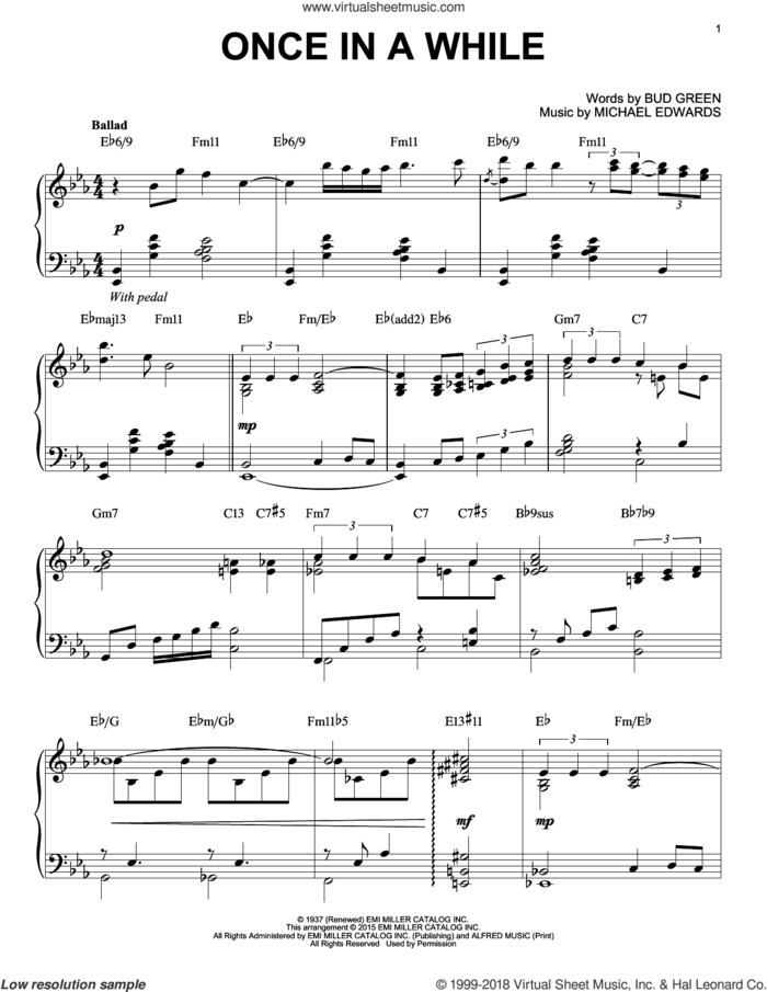Once In A While [Jazz version] (arr. Brent Edstrom) sheet music for piano solo by Michael Edwards and Bud Green, intermediate skill level