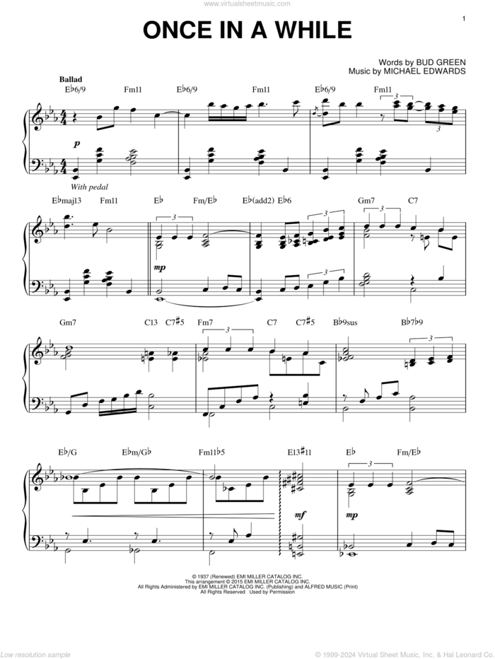 Once In A While [Jazz version] (arr. Brent Edstrom) sheet music for piano solo by Michael Edwards and Bud Green, intermediate skill level