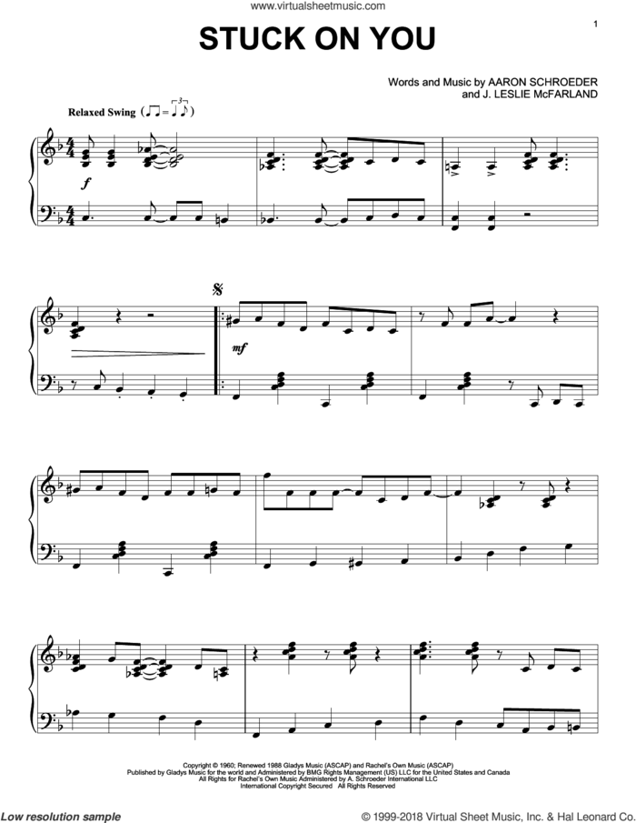 Stuck On You, (intermediate) sheet music for piano solo by Elvis Presley, Aaron Schroeder and J. Leslie McFarland, intermediate skill level