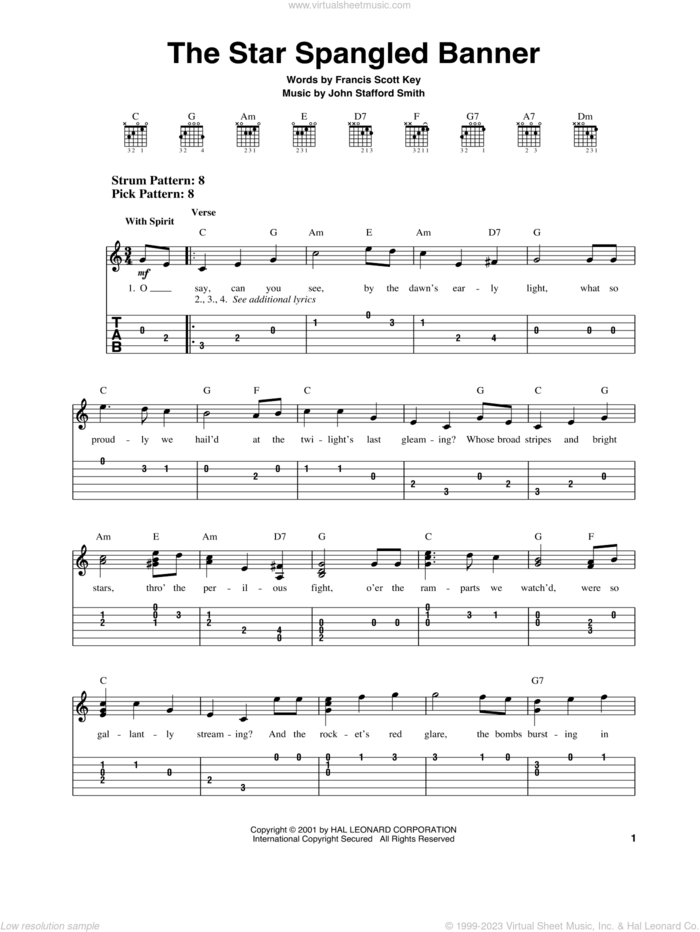 The Star Spangled Banner sheet music for guitar solo (easy tablature) by Francis Scott Key and John Stafford Smith, easy guitar (easy tablature)