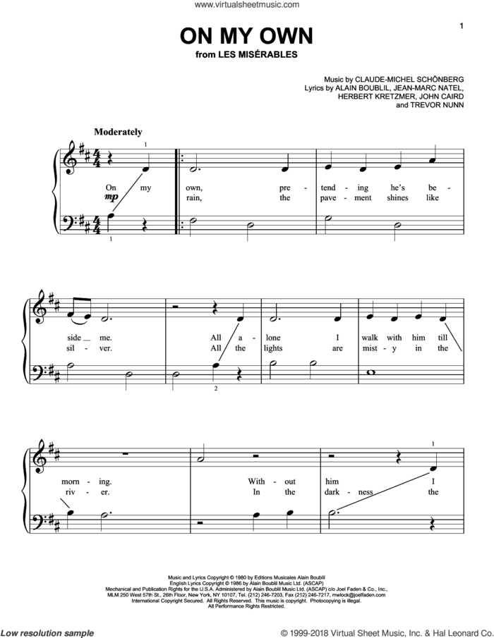 On My Own (from Les Miserables) sheet music for piano solo by Claude-Michel Schonberg, Alain Boublil, Herbert Kretzmer, Jean-Marc Natel, John Caird and Trevor Nunn, beginner skill level
