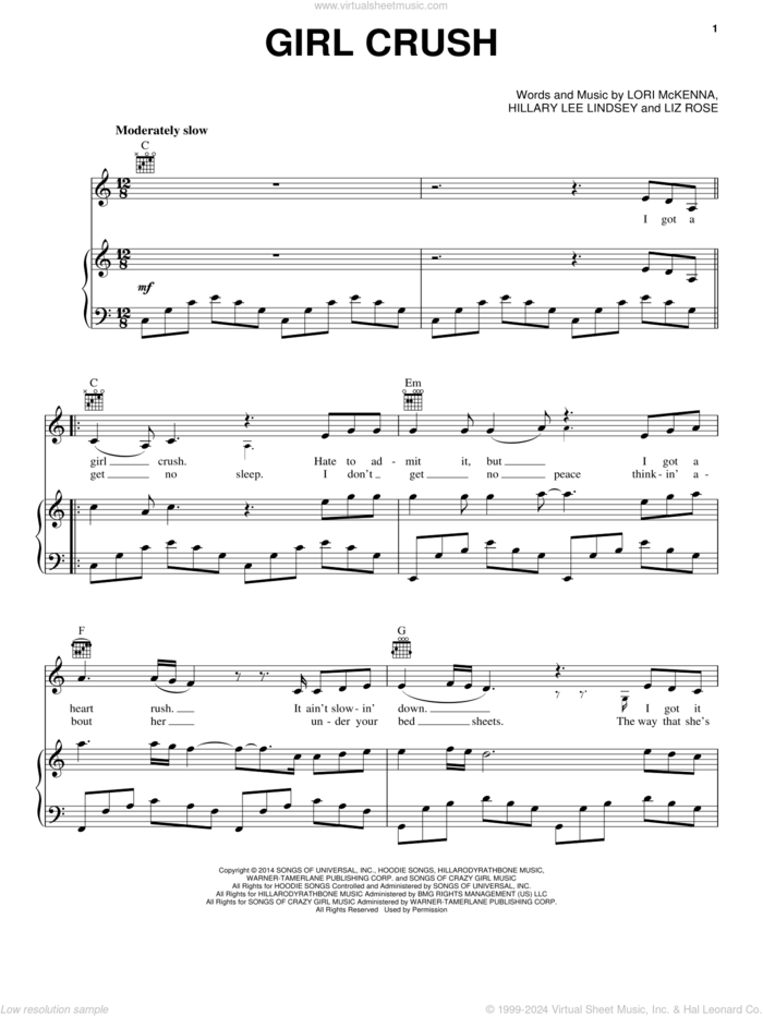 Girl Crush sheet music for voice, piano or guitar by Little Big Town, Hillary Lee Lindsey, Liz Rose and Lori McKenna, intermediate skill level