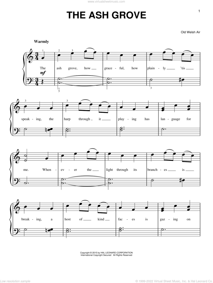 The Ash Grove, (beginner) sheet music for piano solo by Old Welsh Air, beginner skill level