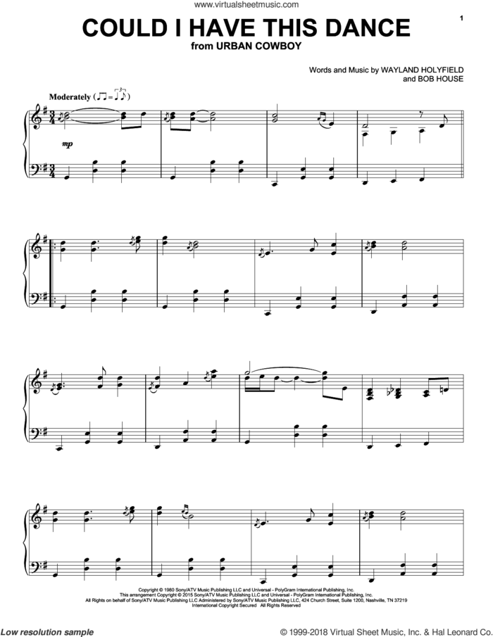 Could I Have This Dance, (intermediate) sheet music for piano solo by Anne Murray, Bob House and Wayland Holyfield, wedding score, intermediate skill level